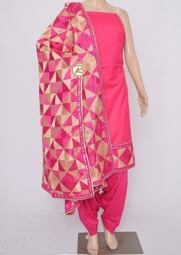 Pink cotton Punjabi suit with Phulkari dupatta