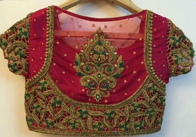 Red Net and Silk Patchwork party wear blouse design