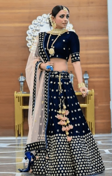 Royal blue party wear velvet lehenga pattern