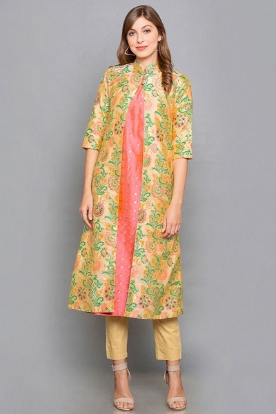 Silk chanderi contrasting shrug style kurta dress