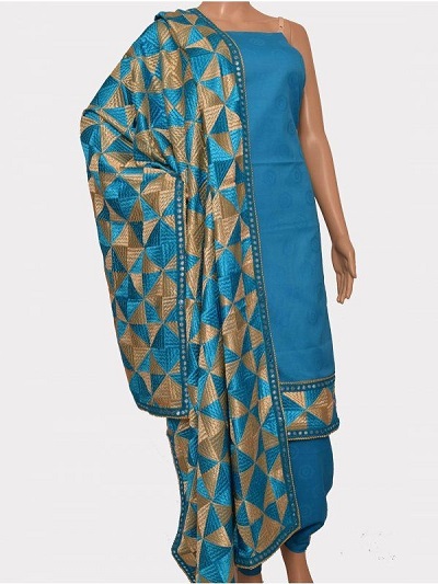 Silk Phulkari blue Dupatta with blue suit