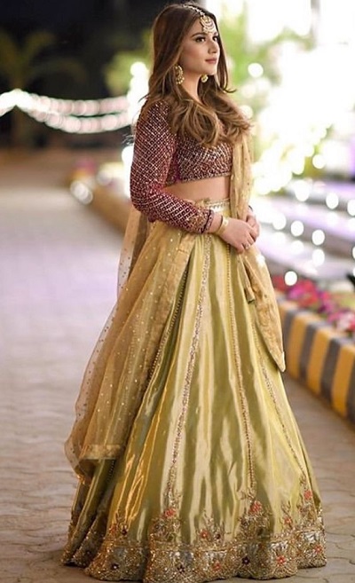 Simple Purple And Gold Lehenga For Brides