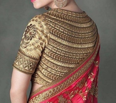 Stylish Golden party wear blouse design with embroidery work