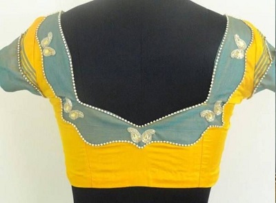 Stylish Yellow And Grey Patch Blouse Pattern