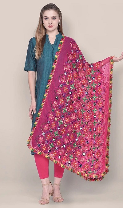 Stylish blue and pink salwar suit with pink dupatta