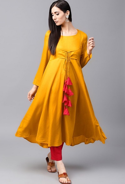 Stylish mustard Orange full sleeves flared long kurta