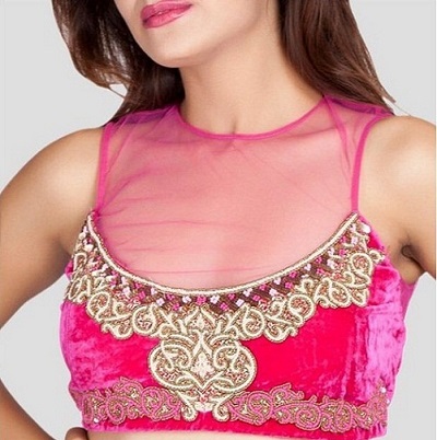 Stylish net and velvet Patchwork front neckline design