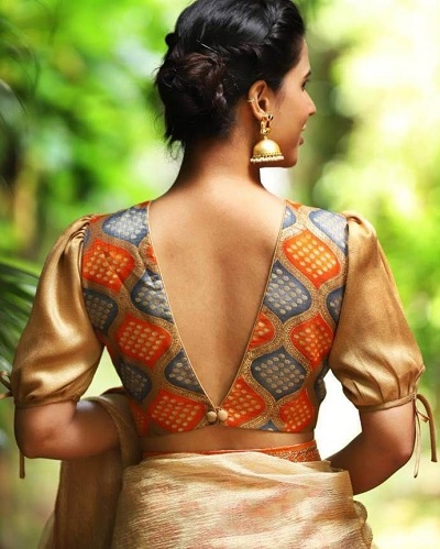 V Cut Back Brocade Silk Blouse Design