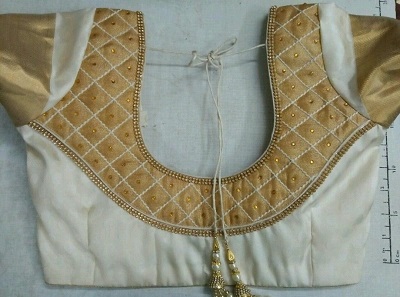 White And Gold Beautiful Back Patch Work Blouse