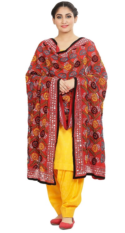 Yellow cotton Punjabi suit with multi colored Phulkari dupatta