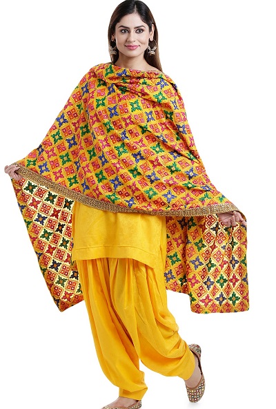 Yellow cotton Punjabi suit with multicolor Phulkari dupatta