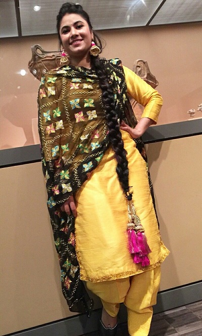 Black Phulkari Dupatta with yellow Punjabi style salwar kameez