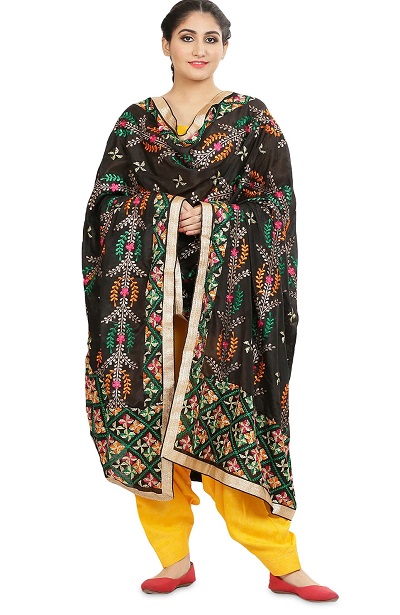 Black stylish Phulkari Dupatta for party with lightweight yellow suit