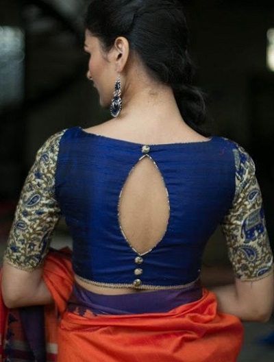 Blue Silk Blouse With A Boat Shape Cut At The Back