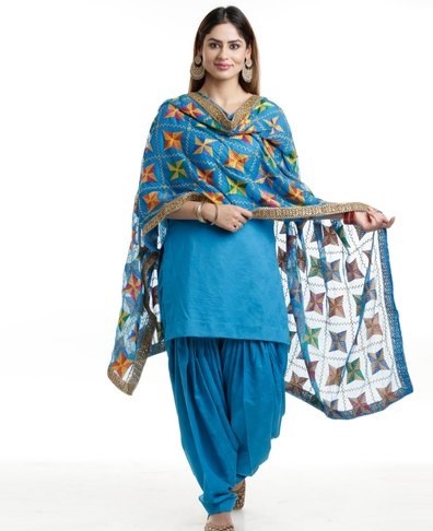 Blue cotton short suit with blue Phulkari style chiffon dupatta