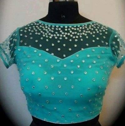Blue mirror work net blouse design