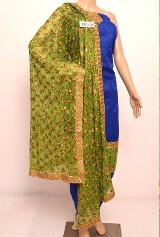 Blue salwar suit with green Georgette Phulkari dupatta