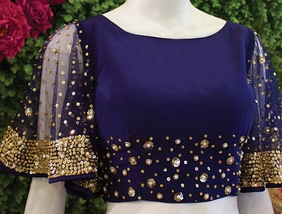 Blue velvet and net party wear blouse saree