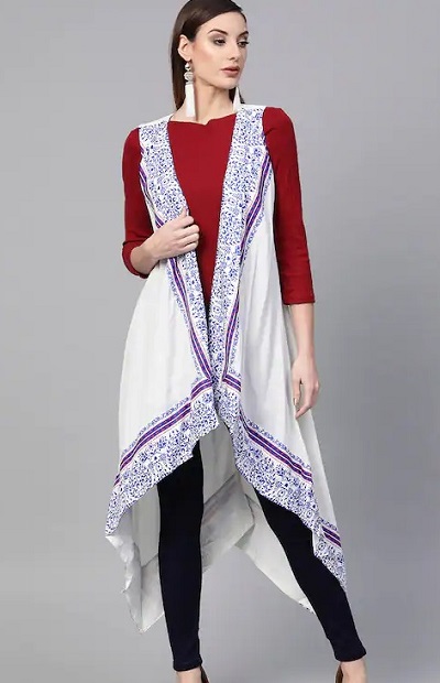 Cascading sleeveless shrug with short red kurta