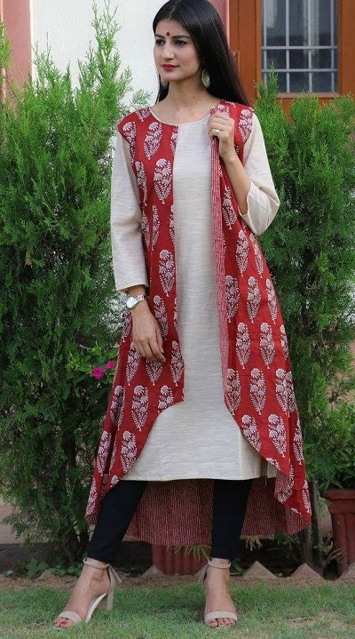 Cotton khadi kurta with sleeveless shrug