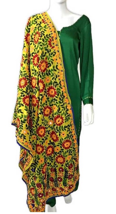 Dark green full sleeve suit with yellow red Phulkari dupatta