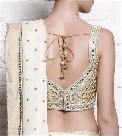 Deep Back Neckline Mirror Work Blouse Design