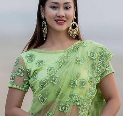 Embroidered green net blouse design
