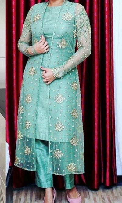 Embroidered net long shrug with short silk kurta