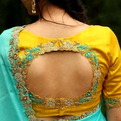 Embroidered Yellow Silk Back Neckline Blouse Desig