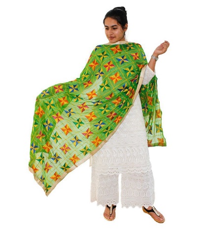 Green Georgette Phulkari Dupatta with white Palazzo sui