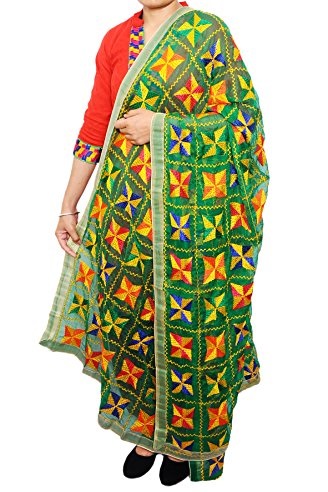 Green Phulkari work Dupatta paired with red su