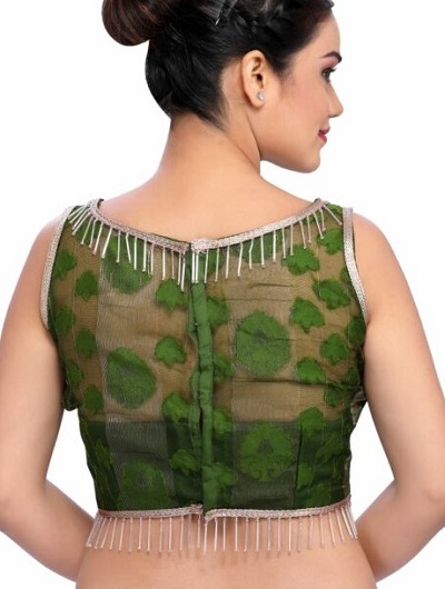 Green net sleeveless blouse design