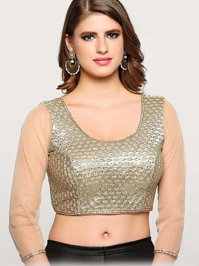 Light gold party wear blouse with net sleeves pink