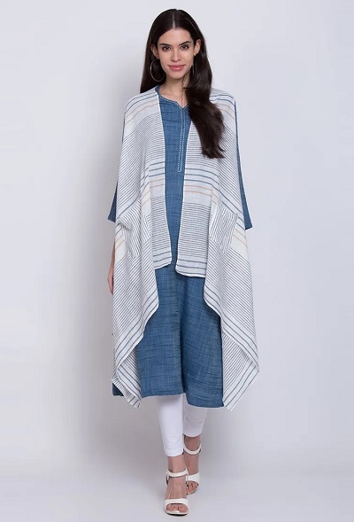 Long denim kurta with cascading sleeveless shrug