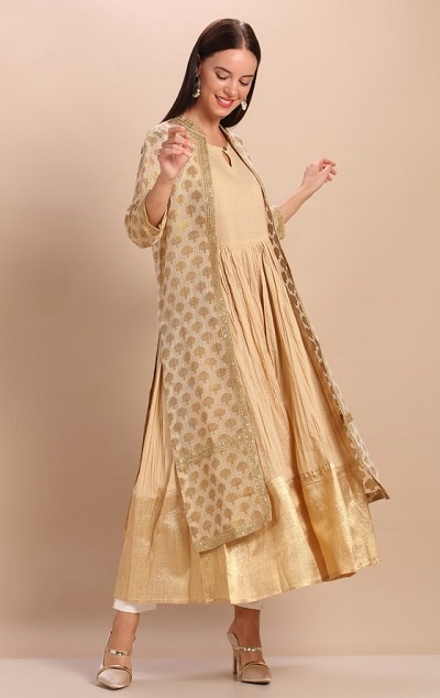 Long gold floor length kurta with brocade shrug