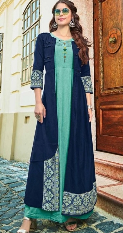 Long irregular hemline shrug with plain blue kurta