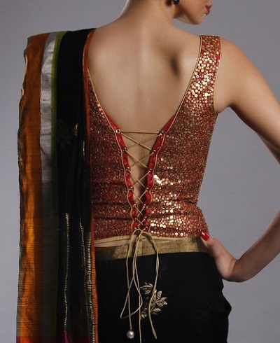 Long length sleeveless saree blouse with back dori