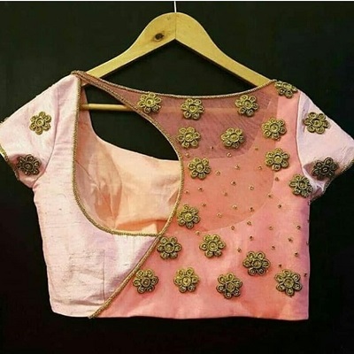 Net and silk peach party wear blouse design