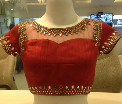 Net and red silk fabric blouse with mirror work