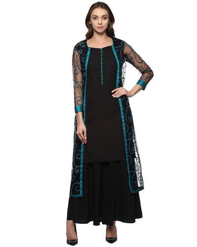 Net shrug with floor length black kurta dress