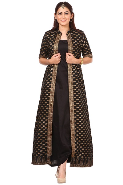 Plain black kurta with brocade gold printed long shrug