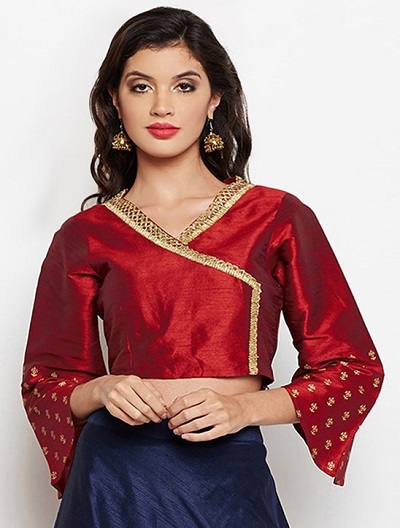 Red Angrakha Style Blouse With Bell Sleeves