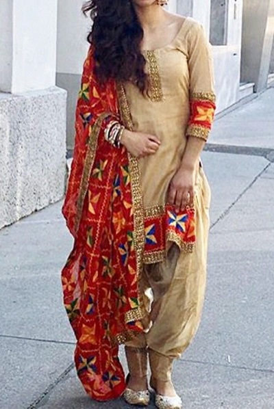 Red multicolor Phulkari Dupatta with golden beige short suit