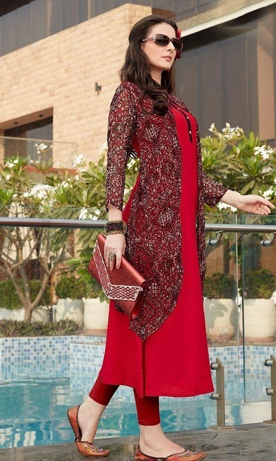 Red plain crepe kurti with printed georgette shrug