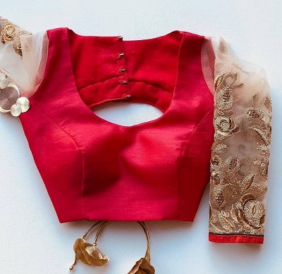 Red silk and golden net blouse pattern