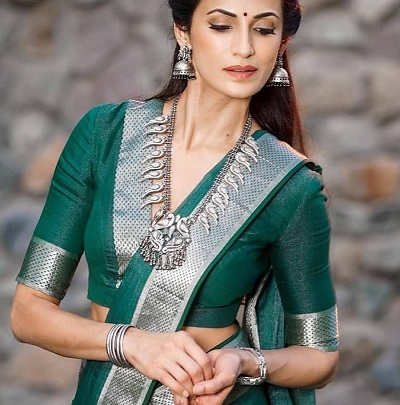Rich Silk Saree With Border V Neckline Stylish Blouse Design