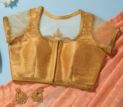Simple Golden blouse with net sleeves for parties