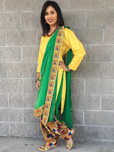 Simple cotton Phulkari salwar with yellow suit and green dupatta