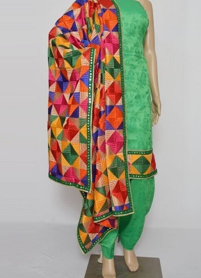 Stylish Phulkari Dupatta with Jacquard green salwar suit