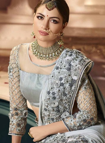 Stylish grey embroidered net party wear blouse pattern